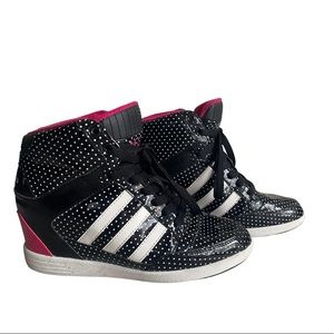Adidas Black White Pink Polka Dot High Top Wedge Sneaker